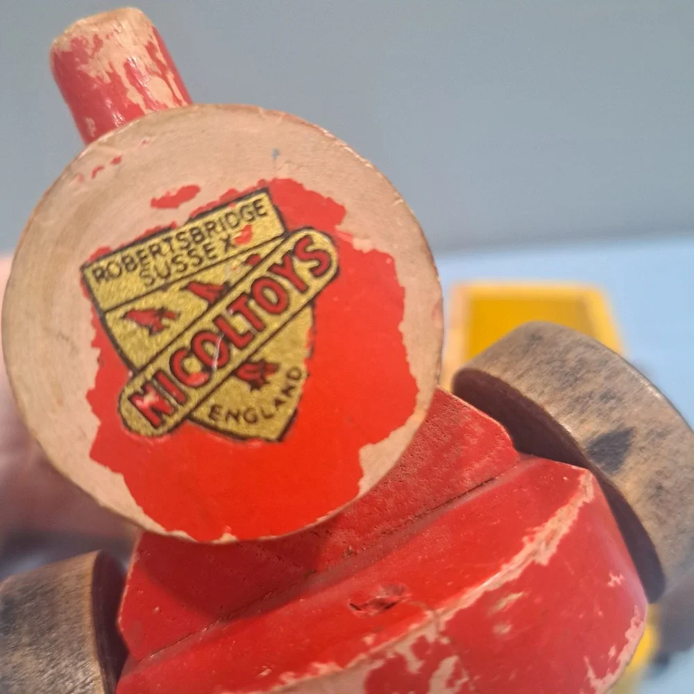 VTG Nicoltoys Wooden Train Engine & Wagon Red Yellow Made in England Rustic Toy